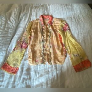 Johnny Was silk Floral Yellow and Orange ruffle Blouse M